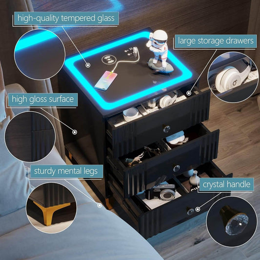 Modern black side table with LED lighting, high-gloss surface, storage drawers, and crystal handle