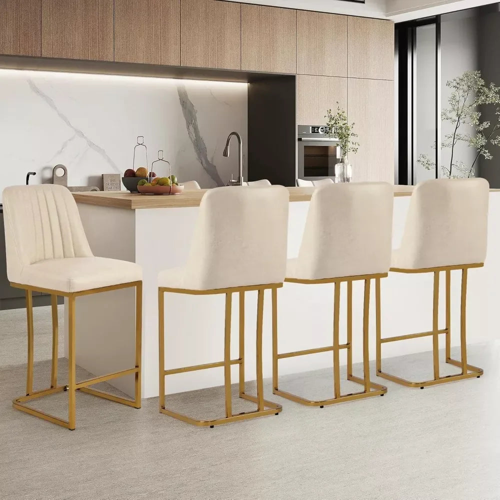 Beige Upholstered Bar Stools with Back and Gold Metal Frame - DSARD - DSARD