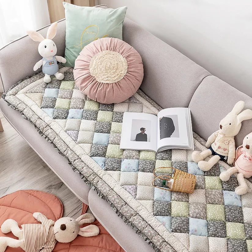 Thick Cotton Grid Patchwork Sofa Cushion & Anti-Slip Tatami Mat
