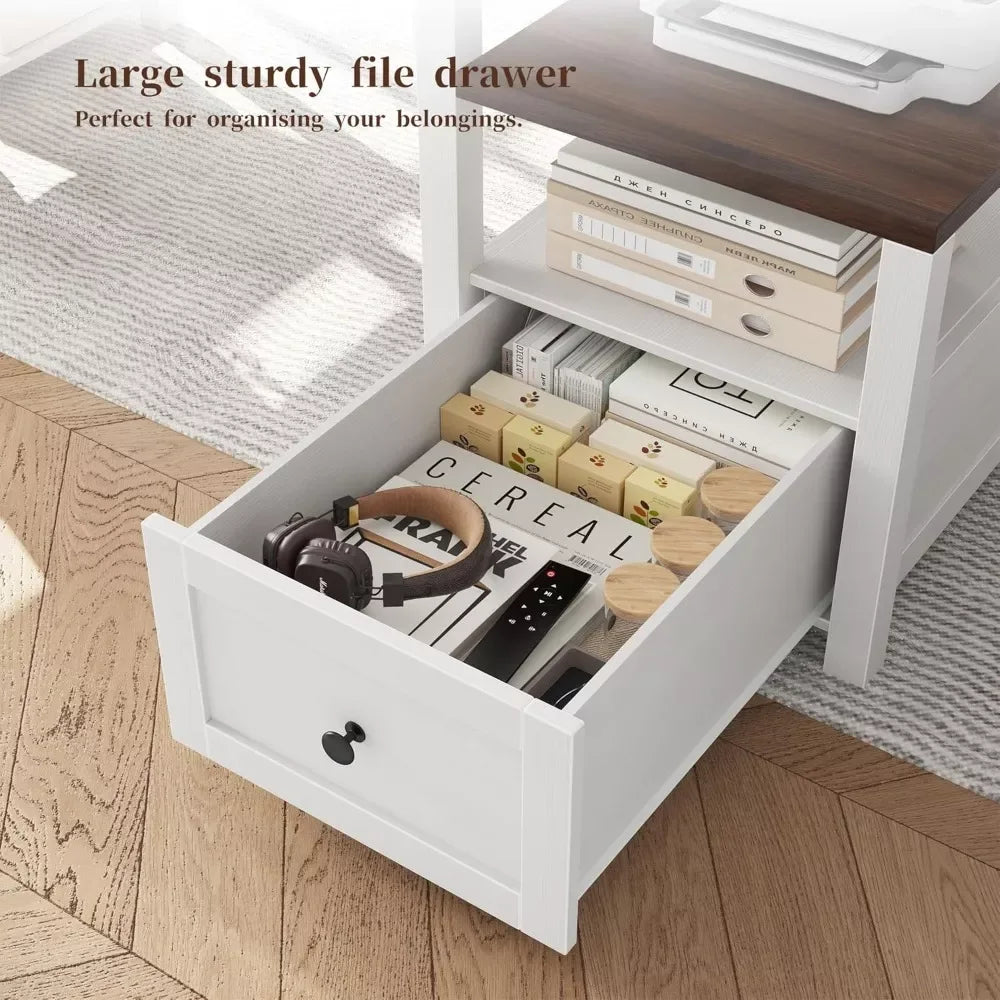 Farmhouse L-Shaped Computer Desk with Drawers, Shelves & Power Outlets - DSARD - DSARD