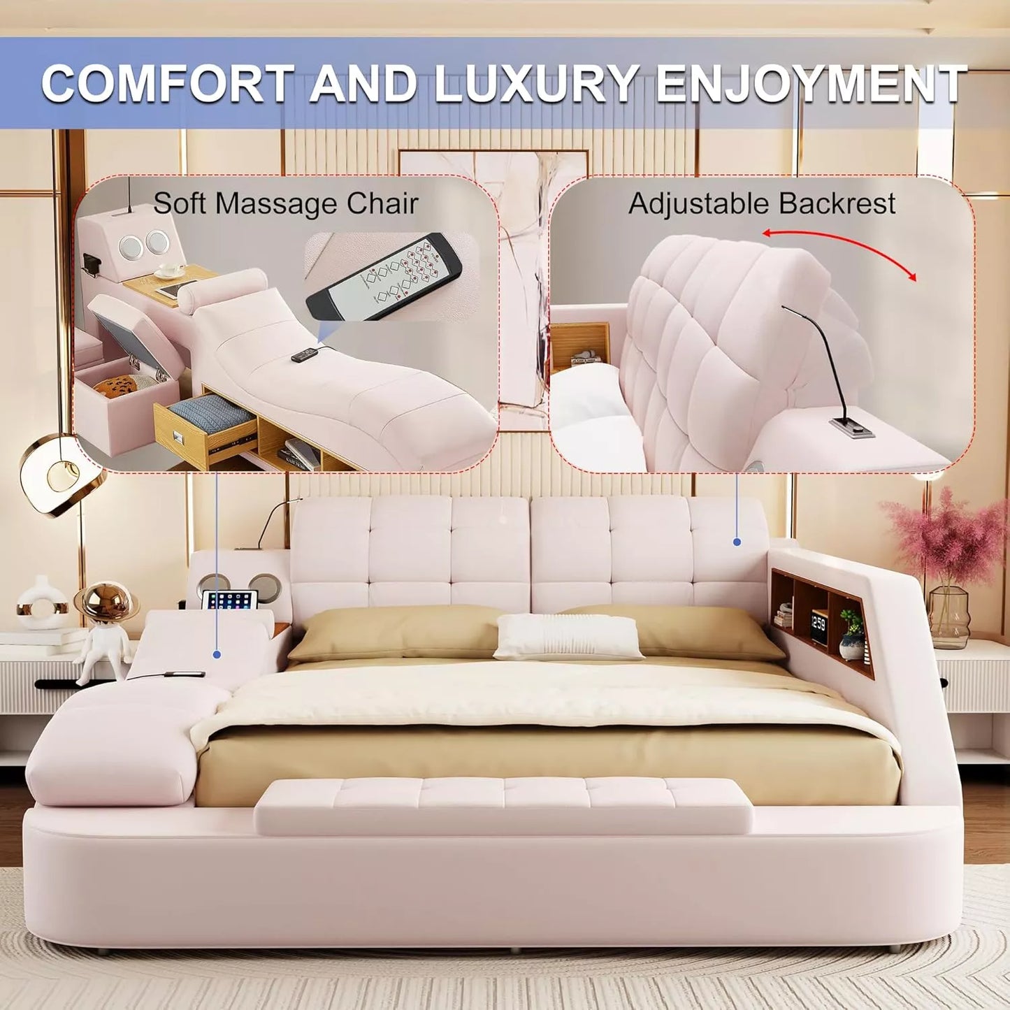 Luxury Smart King Bed Frame with Massage Recliner, USB, Storage & Speakers - DSARD