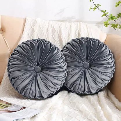 Set of 2 Velvet Round Pumpkin Cushions – Handcrafted Pleated Decorative Pillows