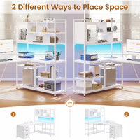 L Shaped Computer Desk with LED, 3 Drawers, Bookshelf & Storage Shelves - DSARD