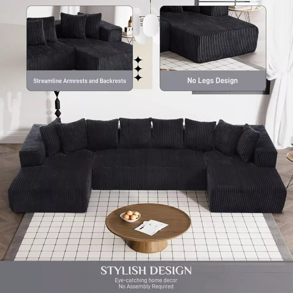131″ Modular Black Corduroy Sectional Sofa with Chaise and 8 Pillows - DSARD - DSARD
