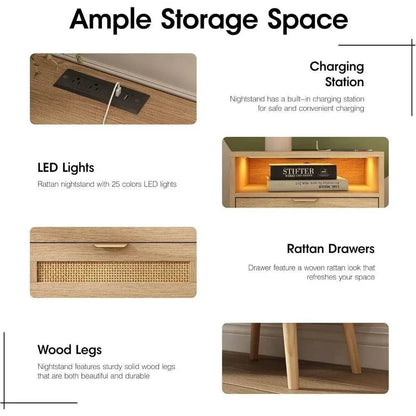 Boho Rattan Premium Nightstands Set of 2 with Charging Station & LED Lights - DSARD