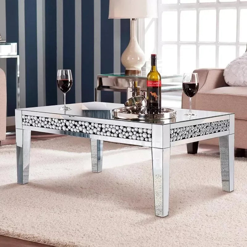 Rectangular Mirror Coffee Table with Crystal Inlay – Luxury Glam