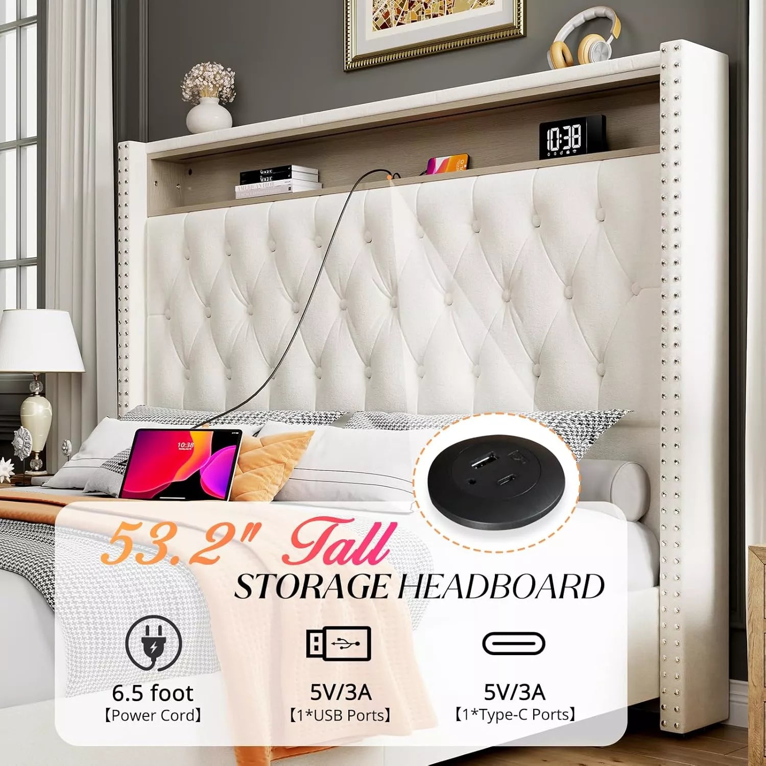 Queen Bed Frame with LED, USB Charging & Storage Headboard – No Box Spring