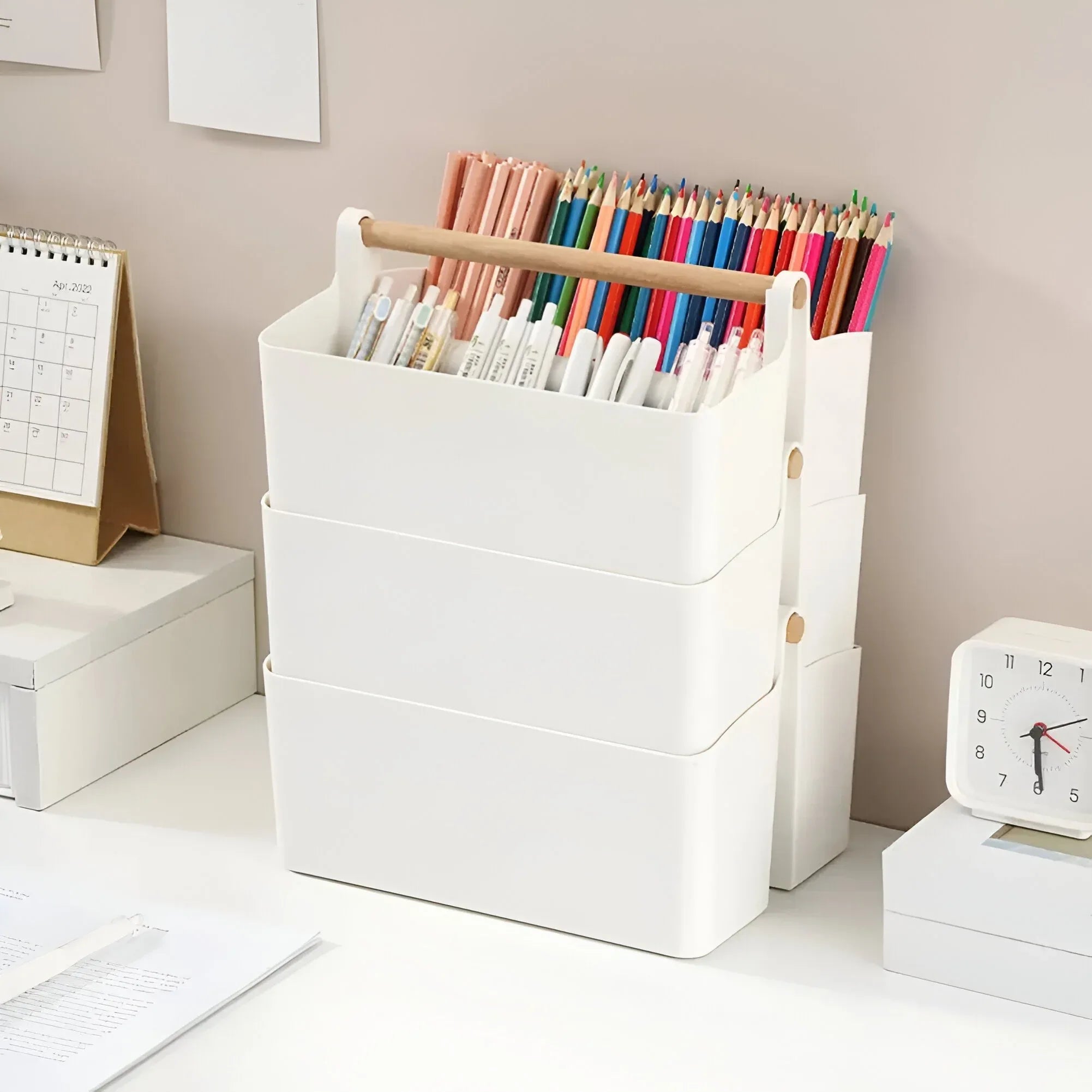 Adjustable Plastic Desktop Organizer Caddy with Wooden Handle - DSARD