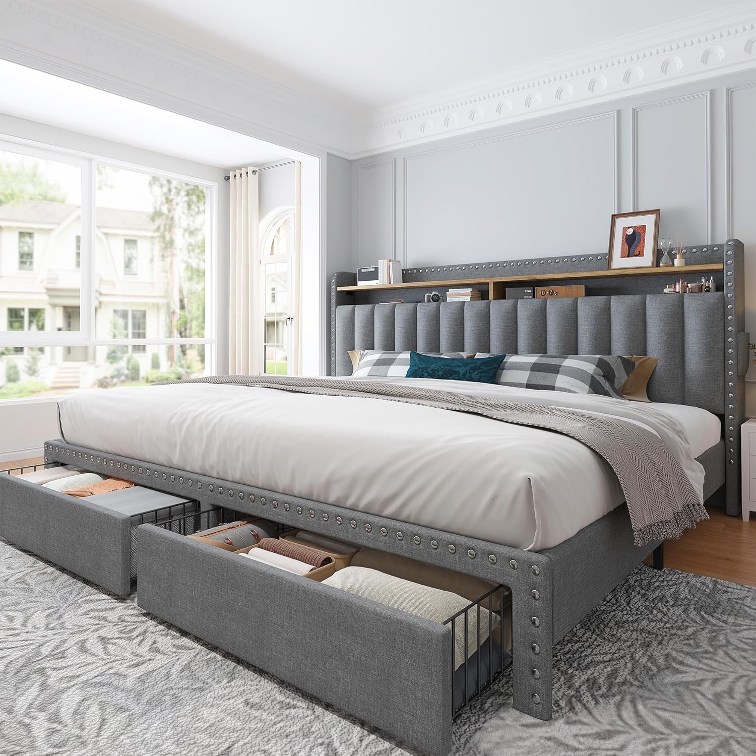 King Platform Bed with Storage Drawers & Tall Upholstered Headboard