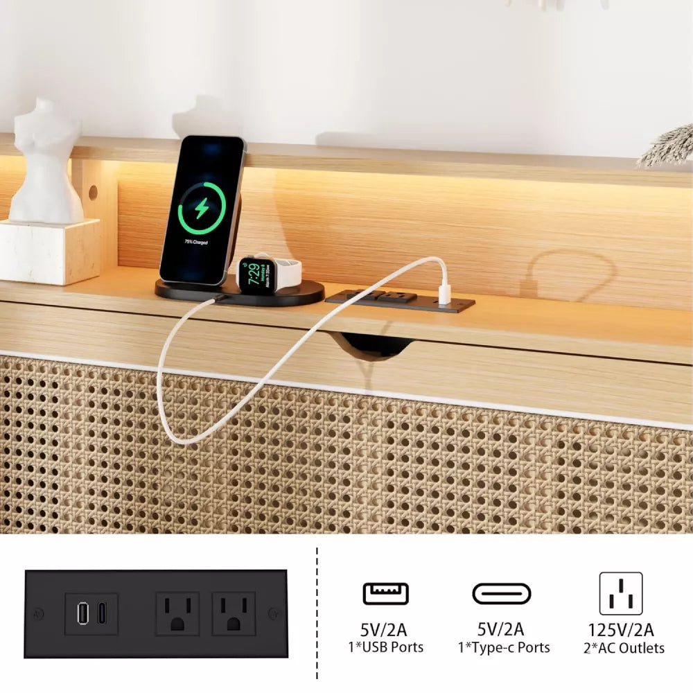 Queen Bed Frame with Storage Headboard, Faux Rattan, LED Lights & Charging Station - DSARD