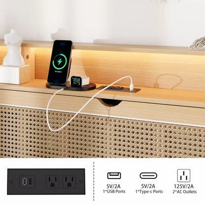 Queen Bed Frame with Storage Headboard, Faux Rattan, LED Lights & Charging Station - DSARD