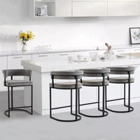 Set of 4 Modern Velvet Bar Stools with Barrel Backrest and Black Metal Footrest - DSARD