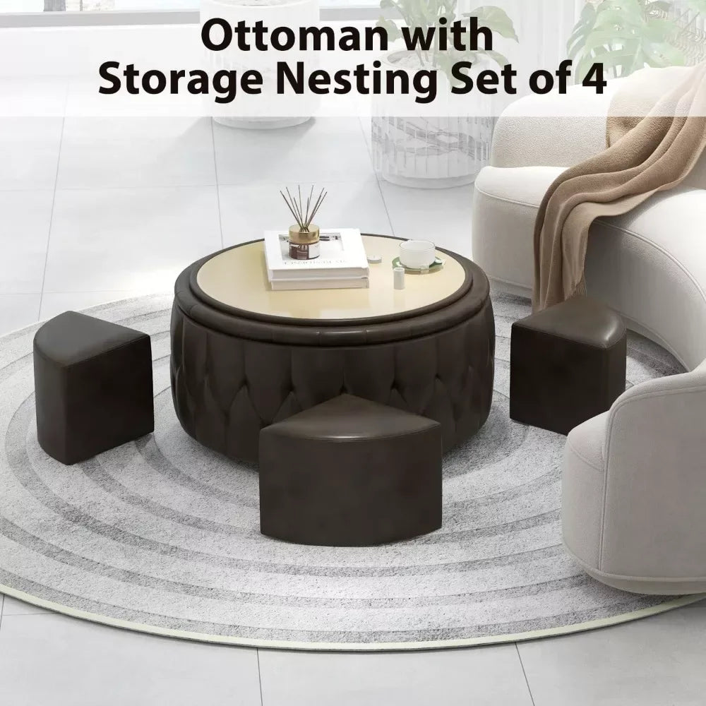 36″ Round Storage Ottoman with Wheels, Hidden Stools & Coffee Table Top - DSARD - DSARD