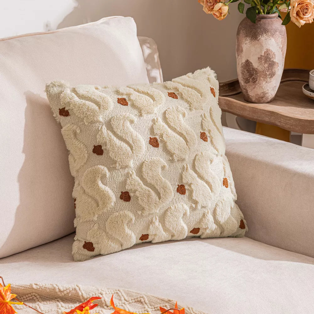 Fall Leaf & Squirrel Embroidered Plush Pillow Cover – Cozy Thanksgiving Décor