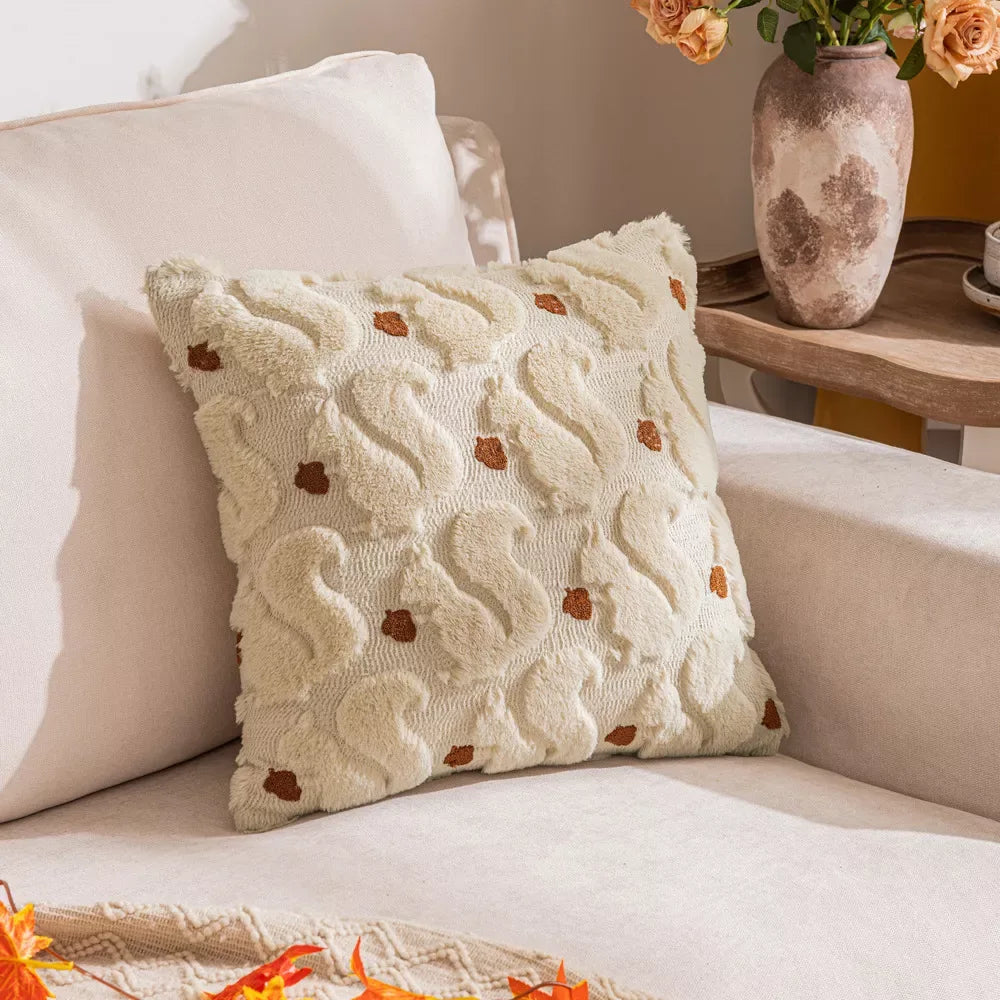 Fall Leaf & Squirrel Embroidered Plush Pillow Cover – Cozy Thanksgiving Décor - DSARD