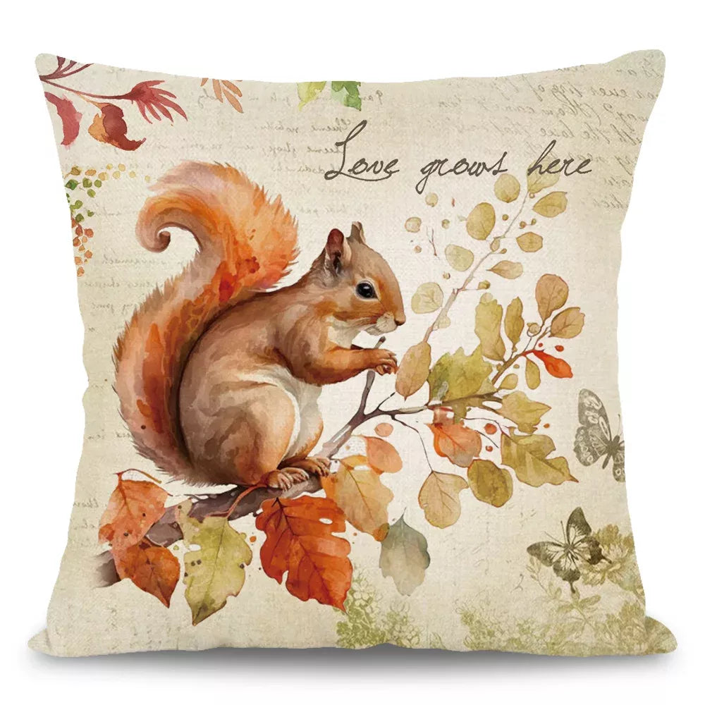 Fall Thanksgiving Maple Squirrel & Bird Pillow Cover – Autumn Harvest Decor