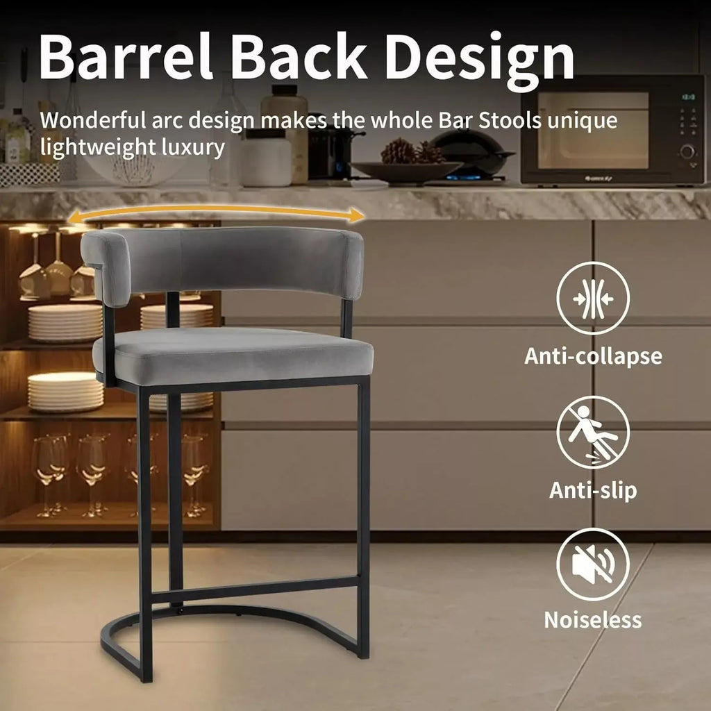 Set of 4 Modern Velvet Bar Stools with Barrel Backrest and Black Metal Footrest - DSARD