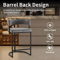 Set of 4 Modern Velvet Bar Stools with Barrel Backrest and Black Metal Footrest - DSARD