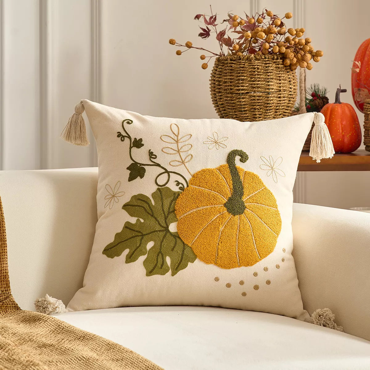 Autumn Pumpkin Embroidered Cushion Covers with Ruffles – Fall Decor