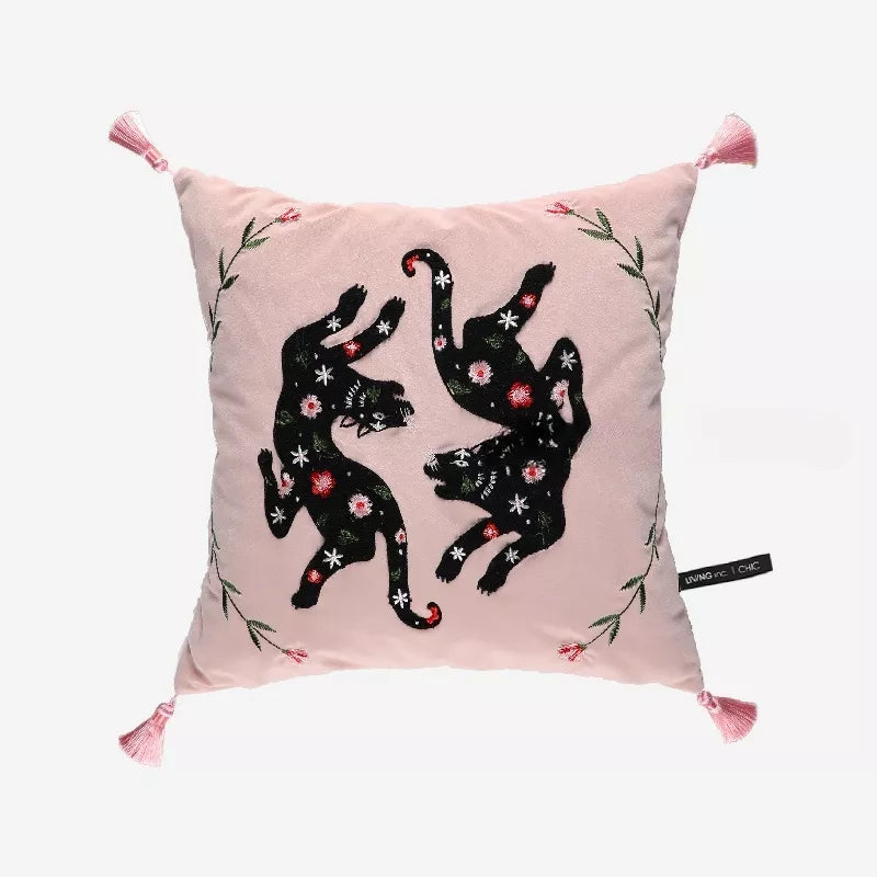 Pink Leopard & Black Cat Embroidered Decorative Pillow Cover