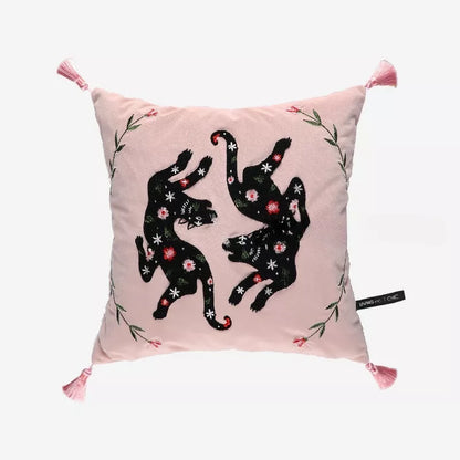 Pink Leopard & Black Cat Embroidered Decorative Pillow Cover