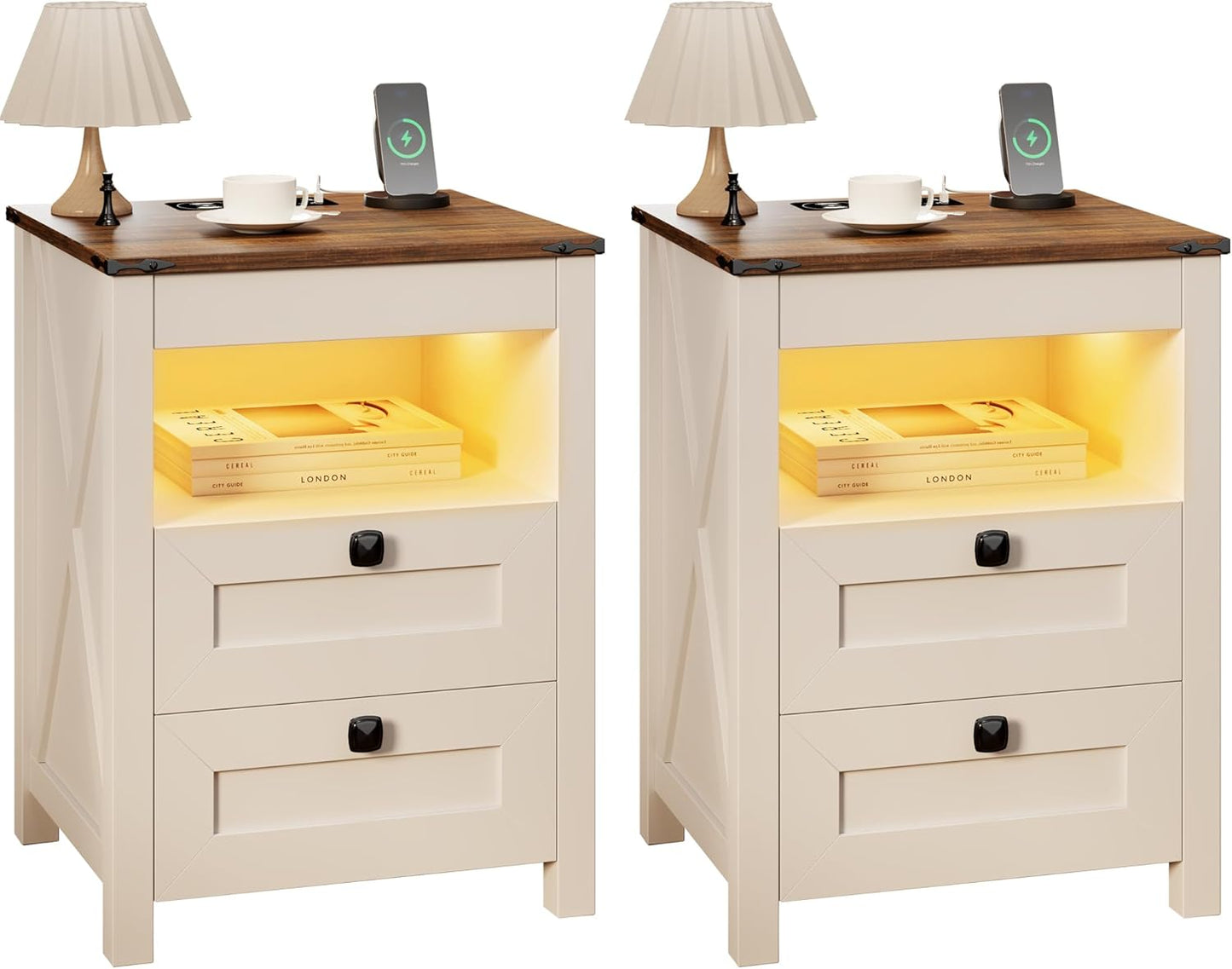 Set of 2 LED Premium Nightstands with Wireless Charging, Sensor Light & Hidden Drawer