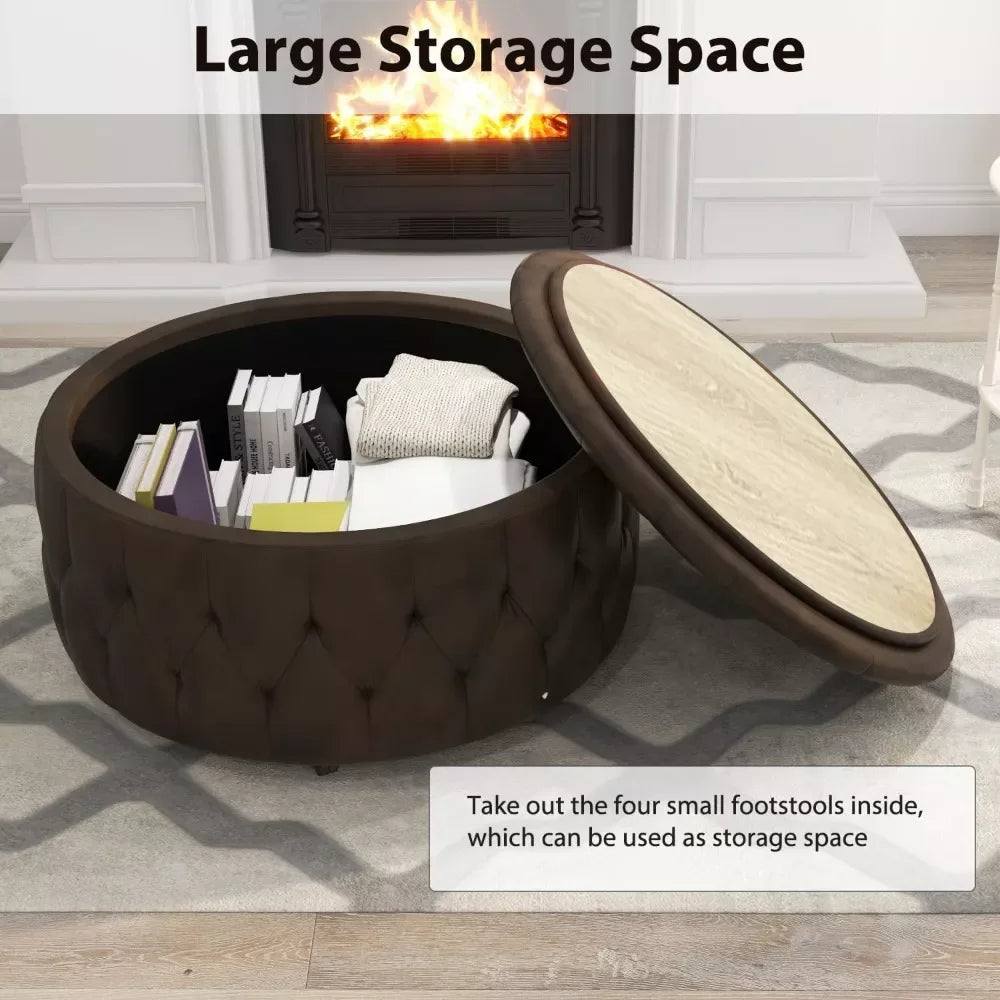 36″ Round Storage Ottoman with Wheels, Hidden Stools & Coffee Table Top - DSARD - DSARD