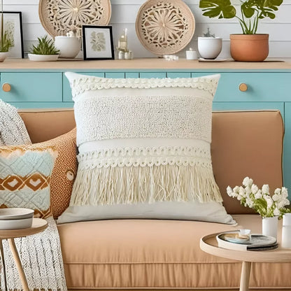 Bohemian Woven Circle Pillow Cover 18×18 Inch Cotton Linen Embroidered Cushion