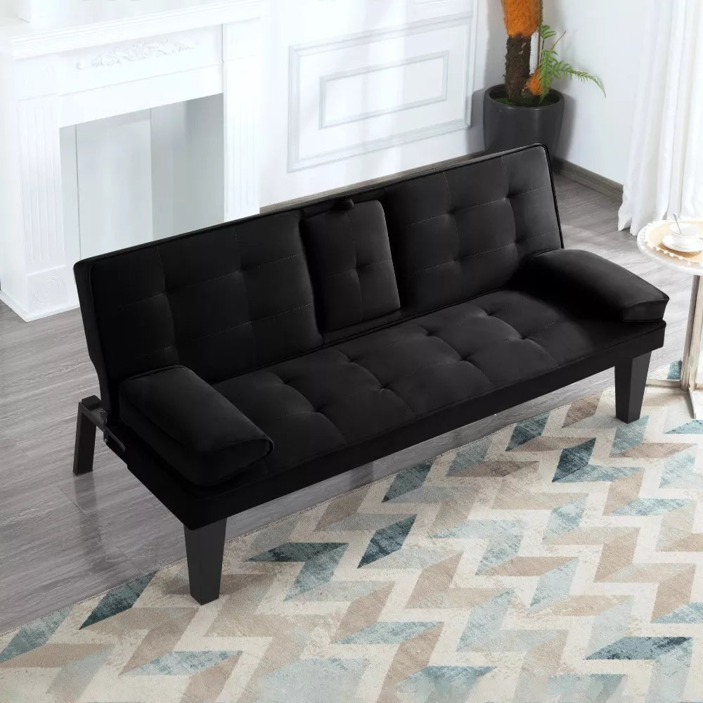 Velvet Futon Sleeper Sofa Bed with Cup Holders and Adjustable Backrest - DSARD