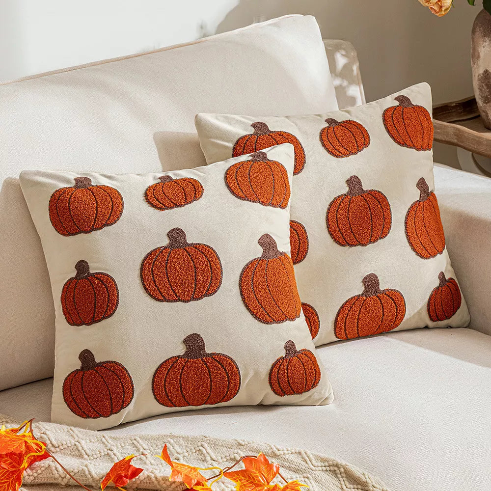 Autumn Velvet Pumpkin Embroidered Corduroy Cushion Cover – Fall Harvest Decor