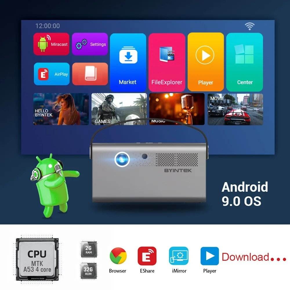 Portable 750 ANSI Projector with Built-in Battery & 3D - 300" Screen