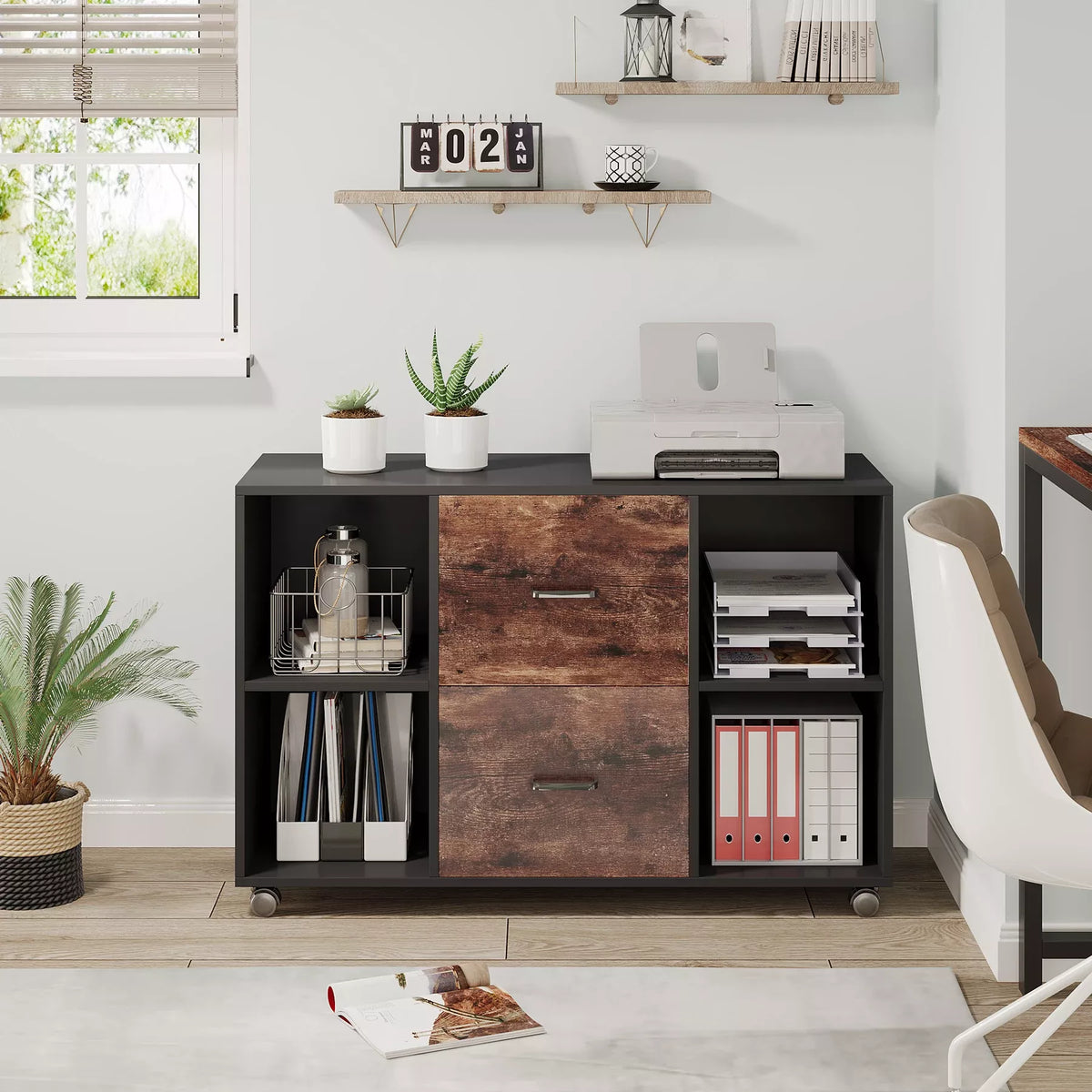 2-Drawer Wooden Filing Cabinet with Printer Stand & Rolling Wheels - DSARD