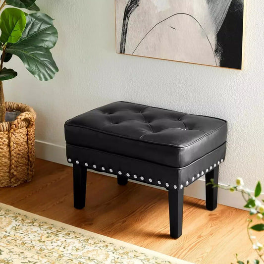 Mid-Century Modern PU Leather Vanity Stool Set – Tufted Ottoman with Nailhead Trim - DSARD