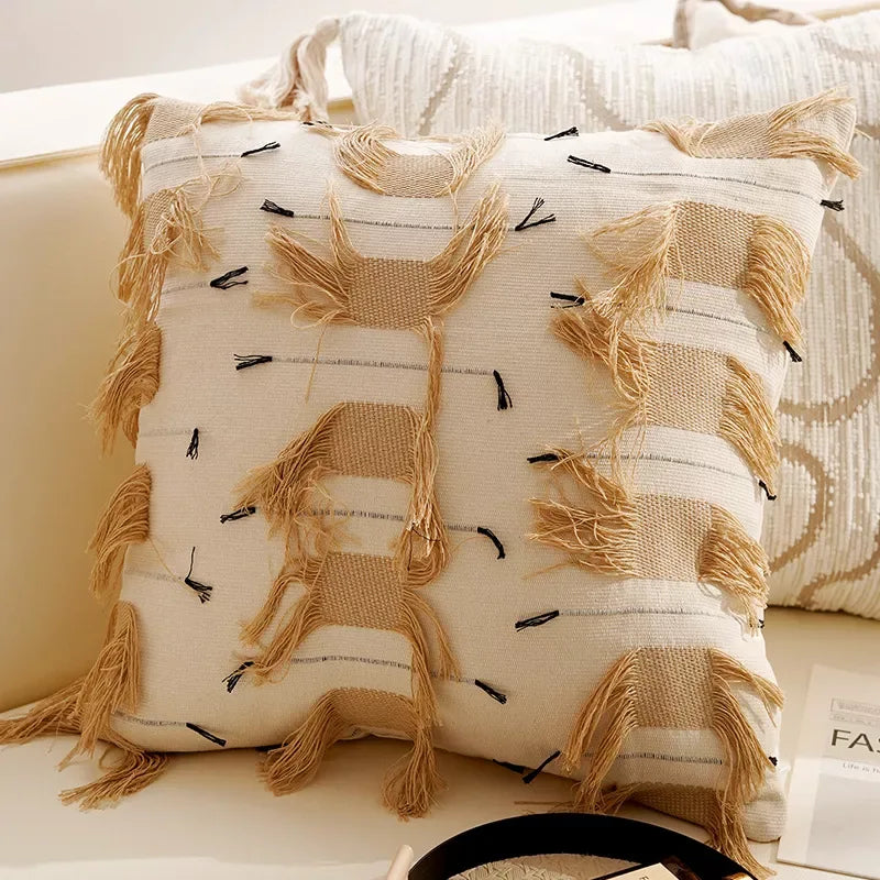 Cream Tassel Throw Pillow Cover 12×20/18×18 Inch – Boho Decorative Cushion - DSARD