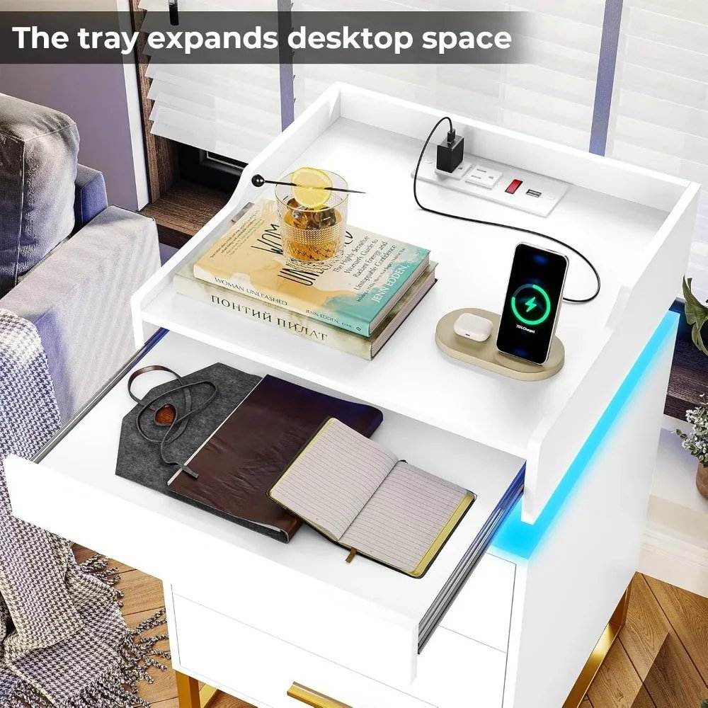 Set of 2 LED Premium Nightstands with 3 Drawers, Pull-Out Tray & Charging Station