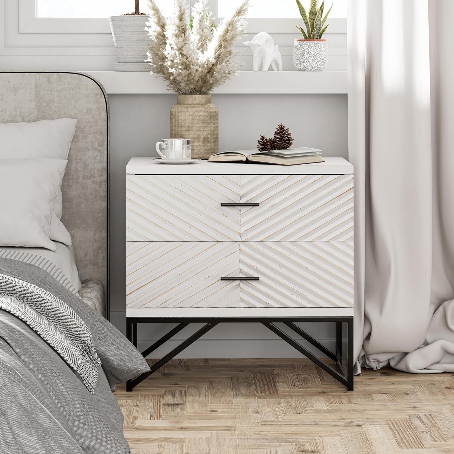 Set of 2 Modern 2-Drawer Premium Nightstands with Black Metal Base