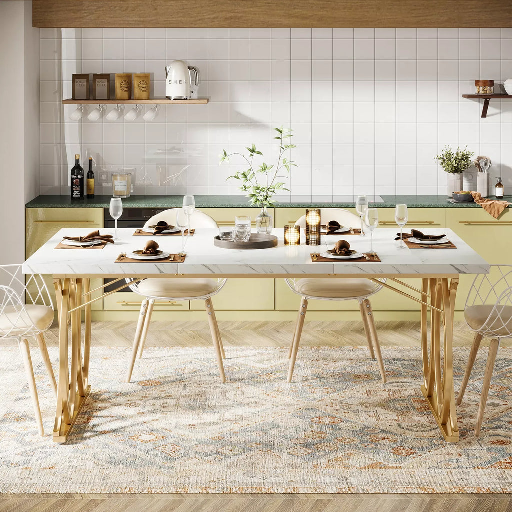 63″ Rectangular Dining Table with Faux Marble Top and Gold Metal Legs - DSARD - DSARD