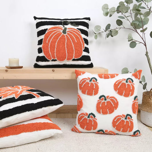 Geometric Tufted Pumpkin Throw Pillow Cover 18x18in – Autumn Harvest Accent Cushion