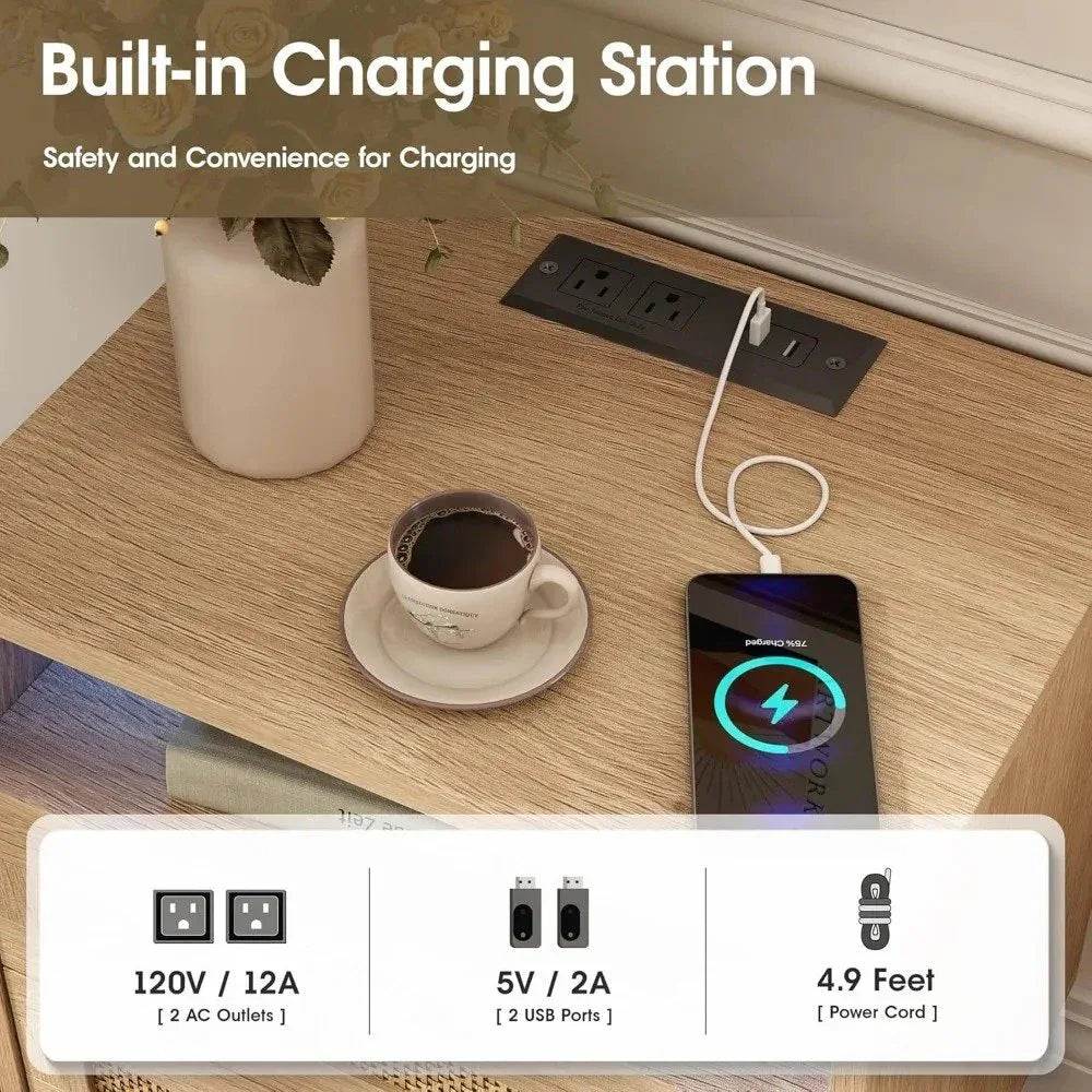 Boho Rattan Premium Nightstands Set of 2 with Charging Station & LED Lights - DSARD