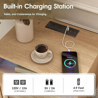 Boho Rattan Premium Nightstands Set of 2 with Charging Station & LED Lights - DSARD