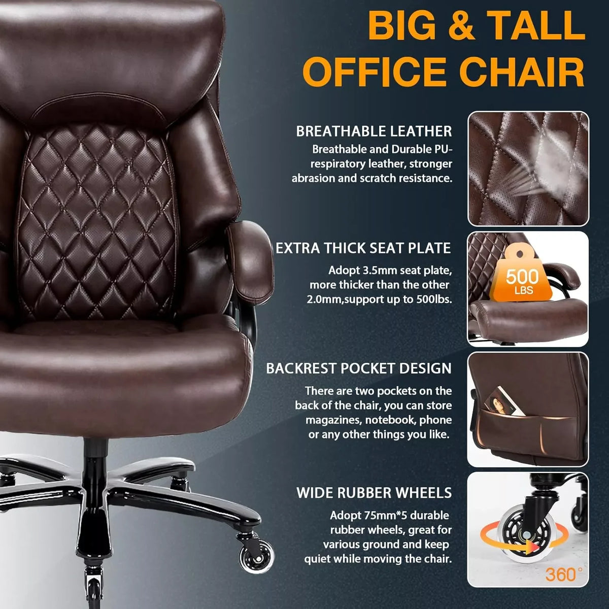500 LB Capacity High Back Executive Office Chair for Big and Tall Users - DSARD - DSARD