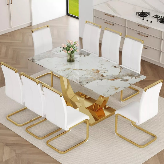 71″ Dining Table Set for 8, Gold Kitchen Table with 8 PU Leather Chairs - DSARD