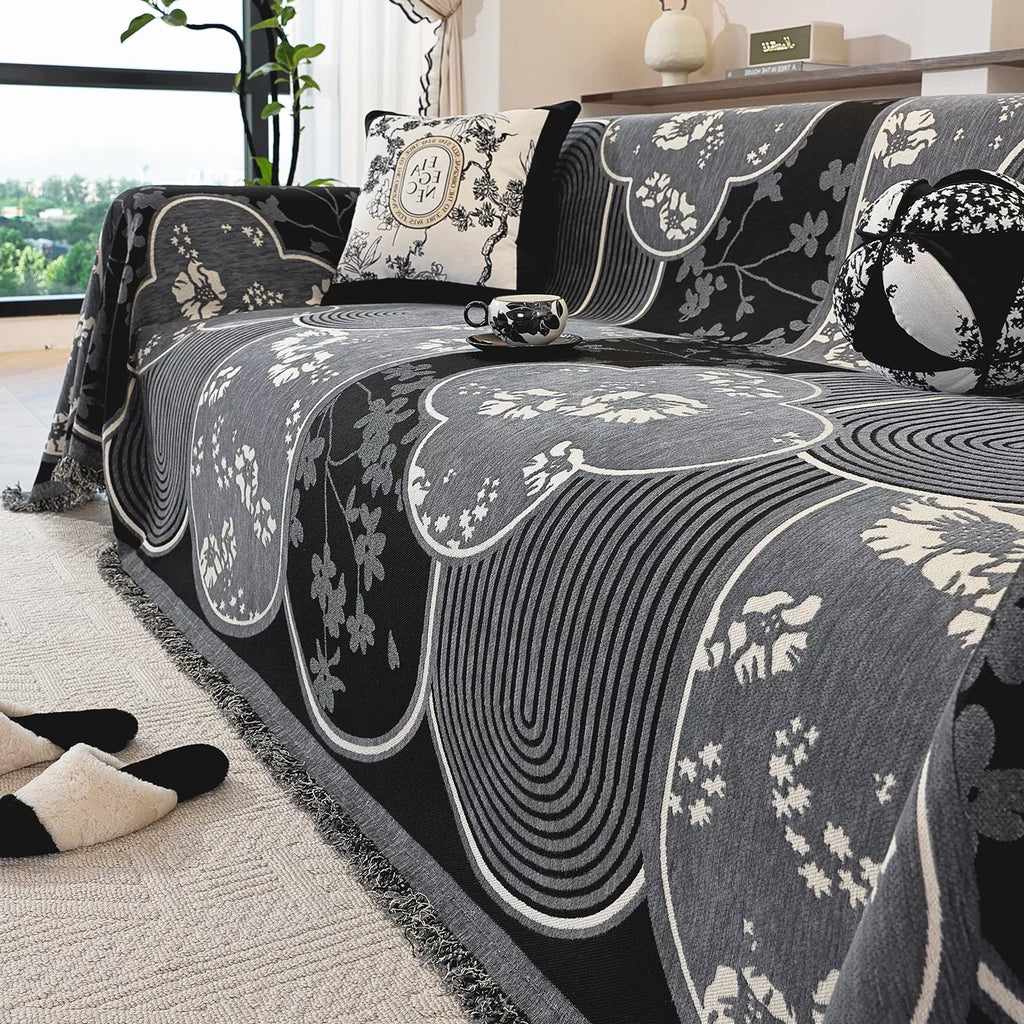 Floral Jacquard Chenille Sofa Cover with Tassels