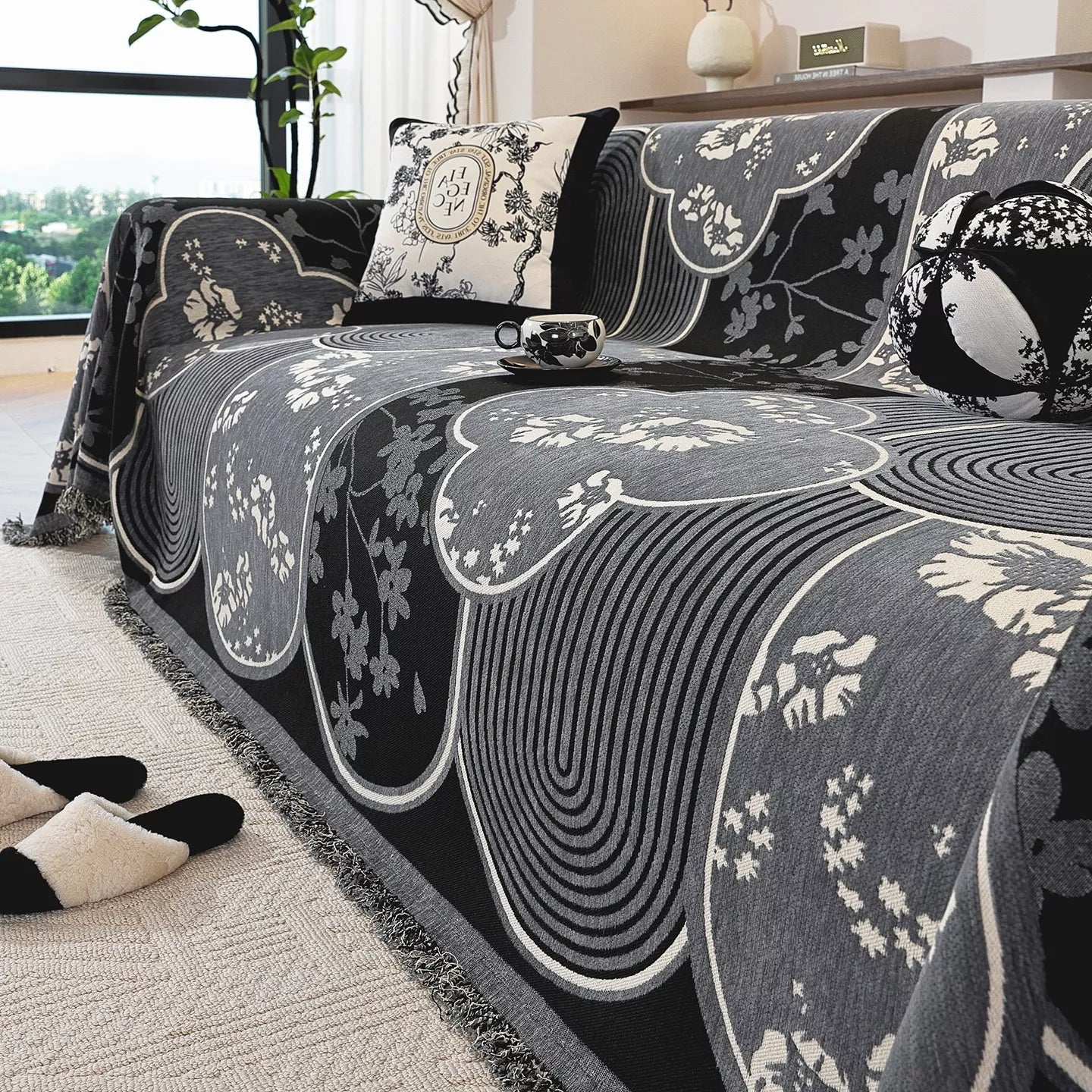 Floral Jacquard Chenille Sofa Cover with Tassels