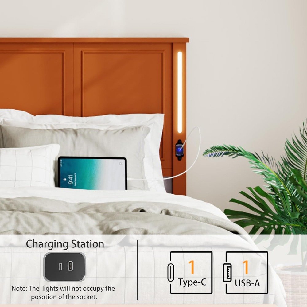 Queen Rustic Wooden Bed Frame with Headboard, LED & Charging Station