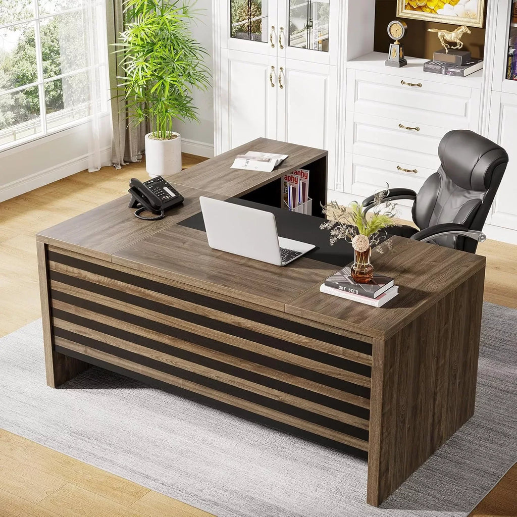 62.2″ L-Shaped Executive Desk with Mobile File Cabinet and Storage Shelves - DSARD - DSARD