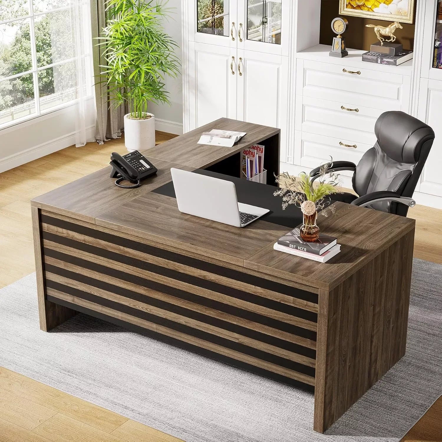 62.2″ L-Shaped Executive Desk with Mobile File Cabinet and Storage Shelves - DSARD - DSARD