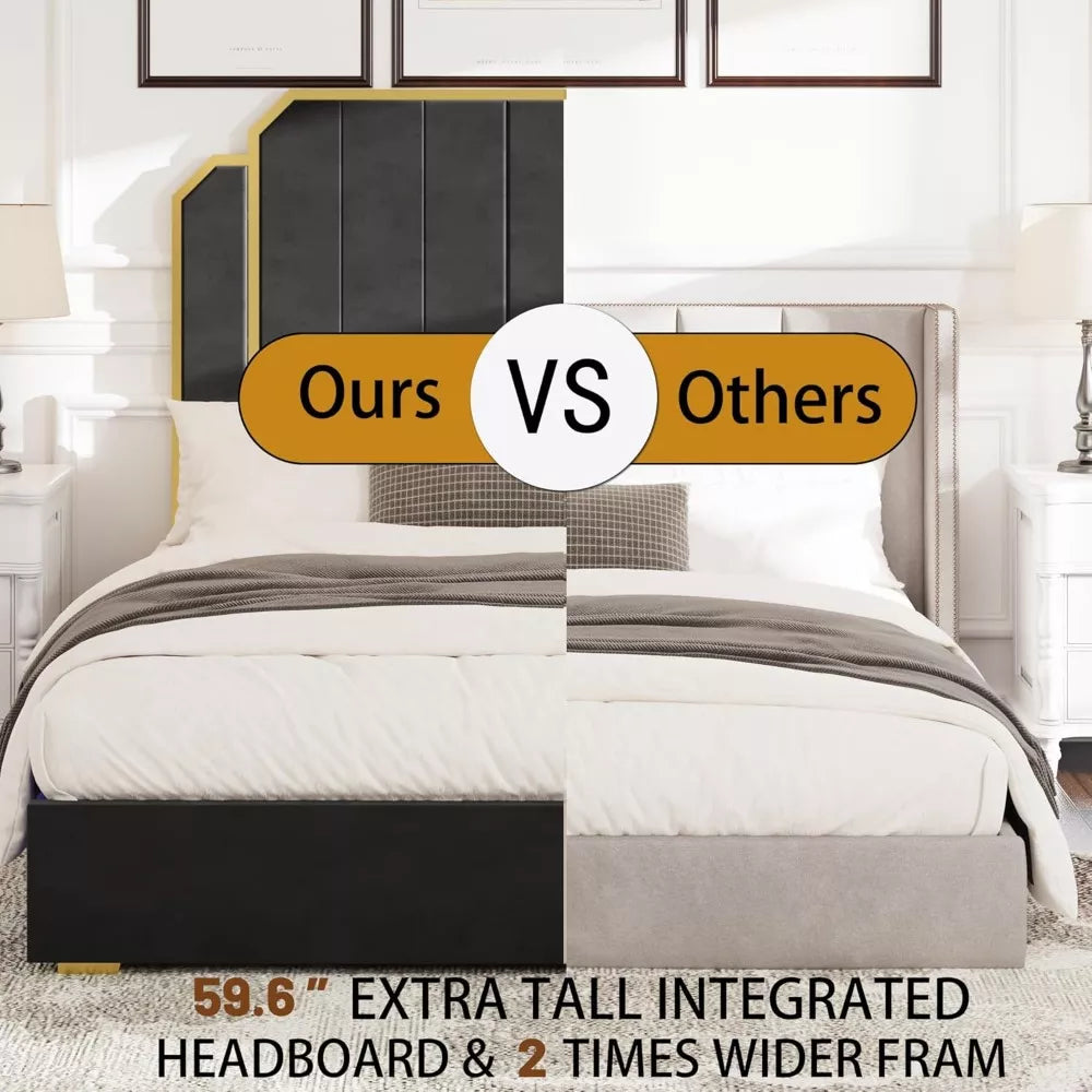 Queen Platform Bed Frame with 59″ Velvet High Headboard, Gold Accent & Storage - DSARD
