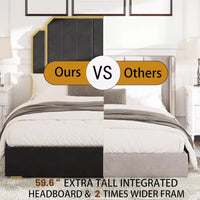 Queen Platform Bed Frame with 59″ Velvet High Headboard, Gold Accent & Storage - DSARD