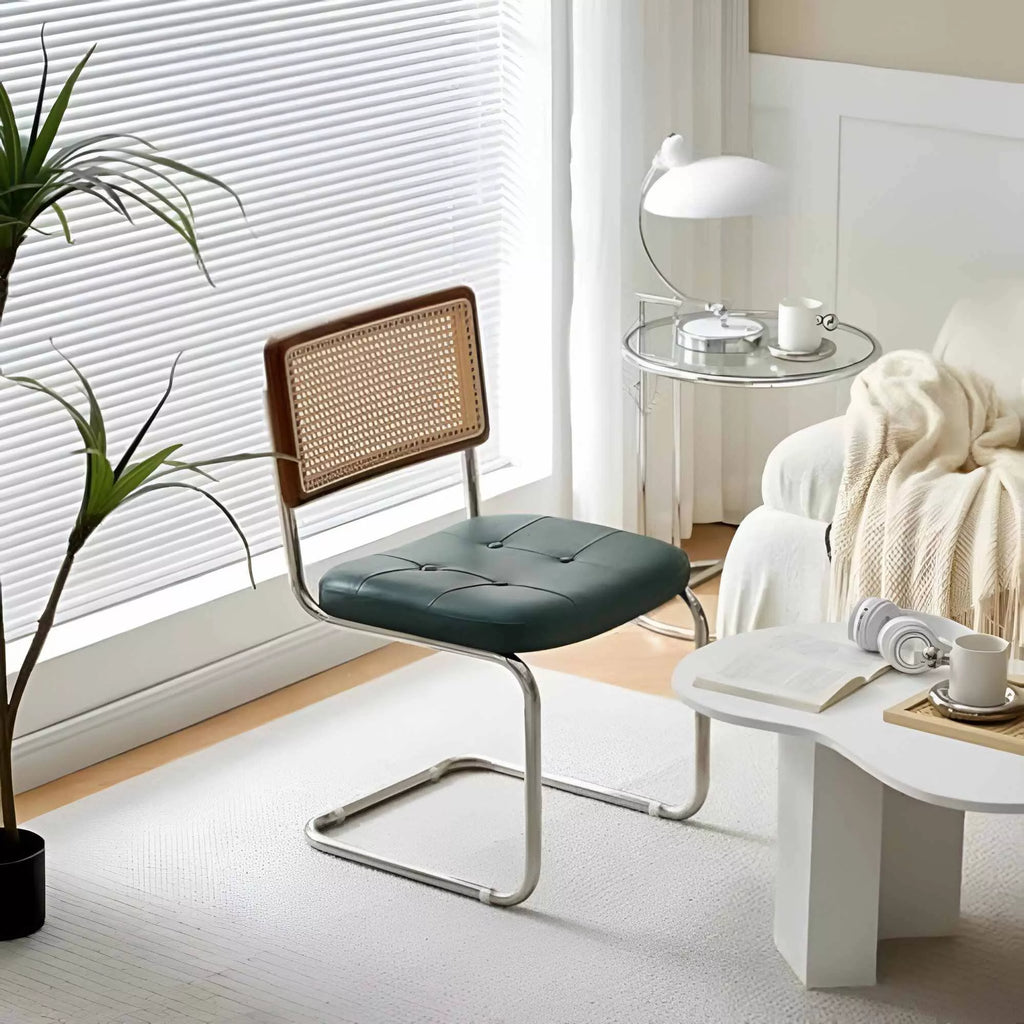 Mid-Century Modern Armless Dining Chairs with Rattan Backrest and PU Leather - DSARD